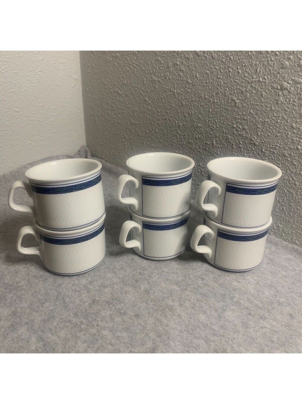 DANSK Set of Six New Scandia Stacking Mugs Blue Lattice Design Porcelain 3x4.5”
